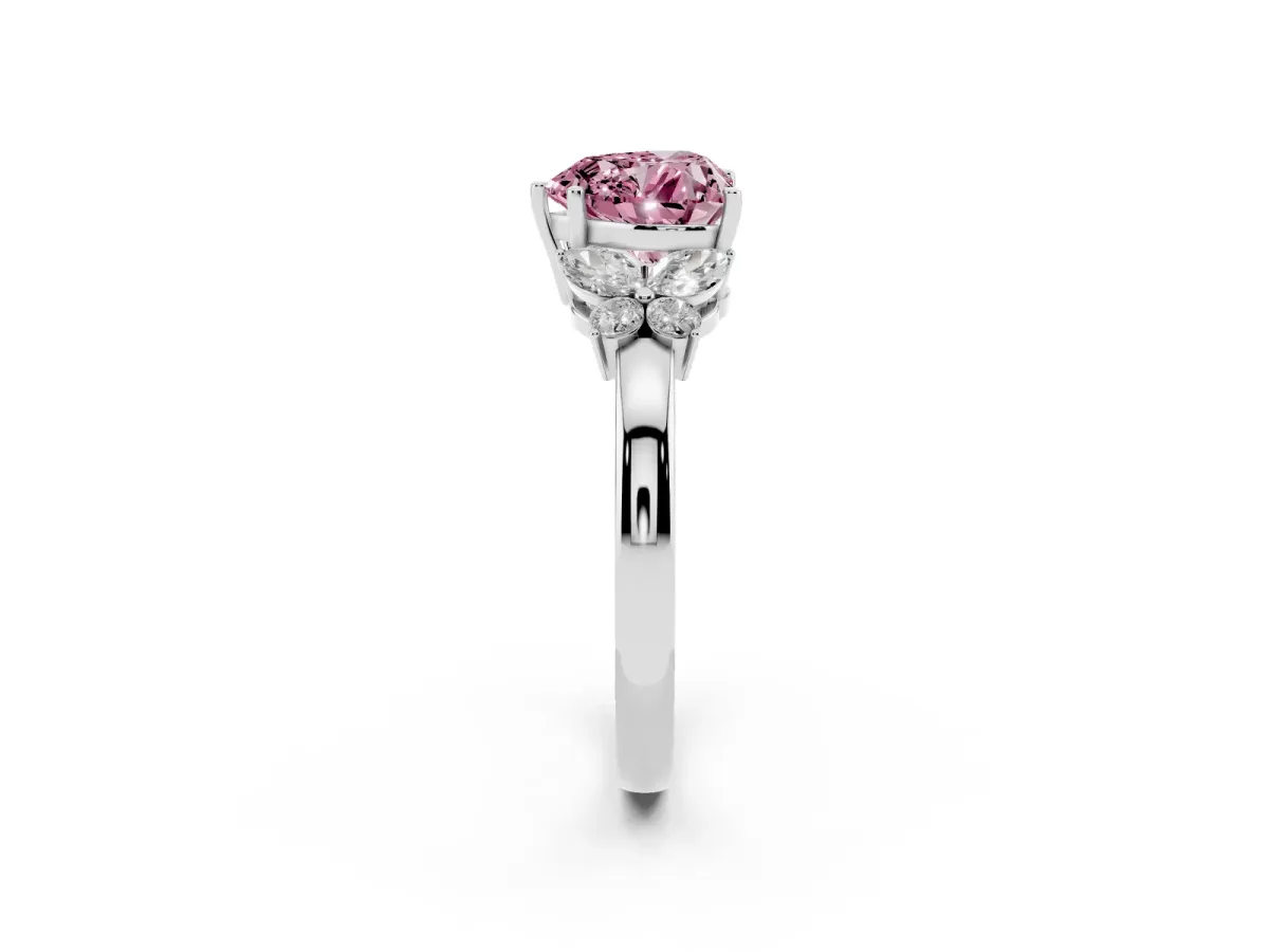 Fancy Pink Heart Cut Cut Solitaire Floral Diamond Ring with Four-Prong Setting Silver