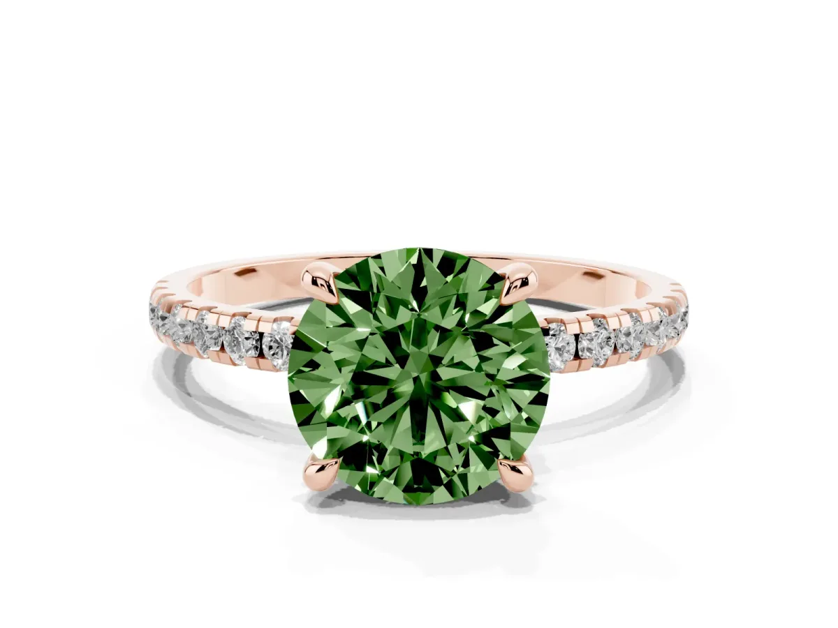 Fancy Green Round Cut Diamond Brilliant Solitaire Ring with Pavé Band and Four-Prong Setting Rose gold