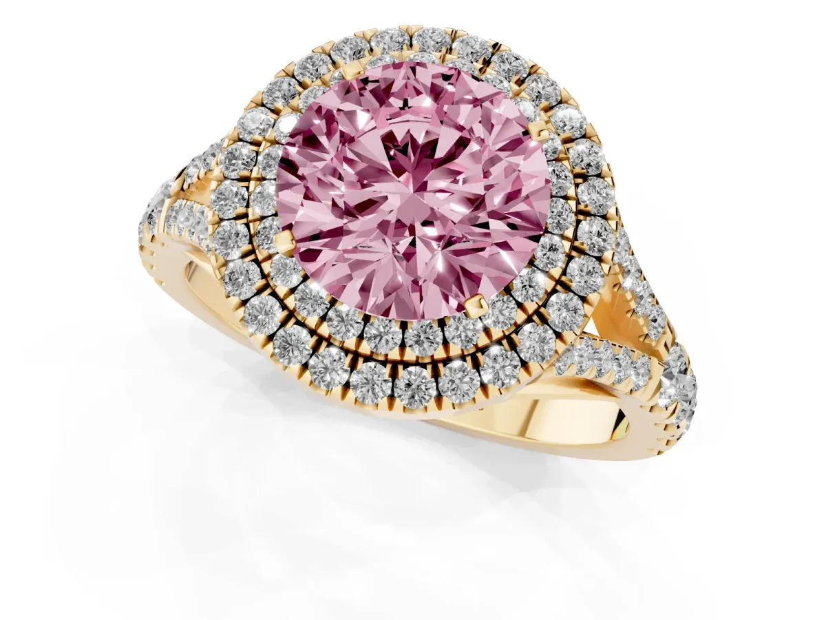 Fancy Pink Round Cut Diamond Double Halo Ring with Split Shank and Prong Setting Yellow gold