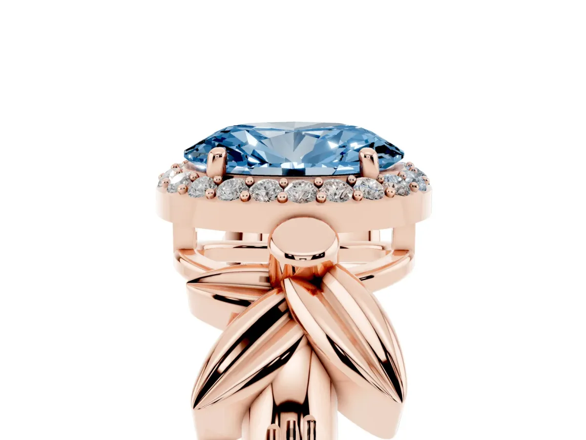 Fancy Blue Oval Cut Halo Diamond Floral Band with Four-Prong Setting Rose gold