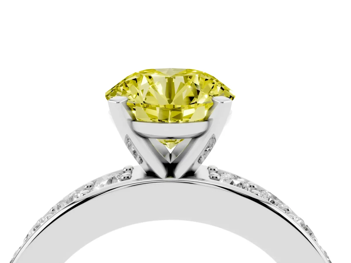 Fancy Yellow Round Cut Diamond Engagement Ring with Channel Set Round Band and Prong Setting Silver