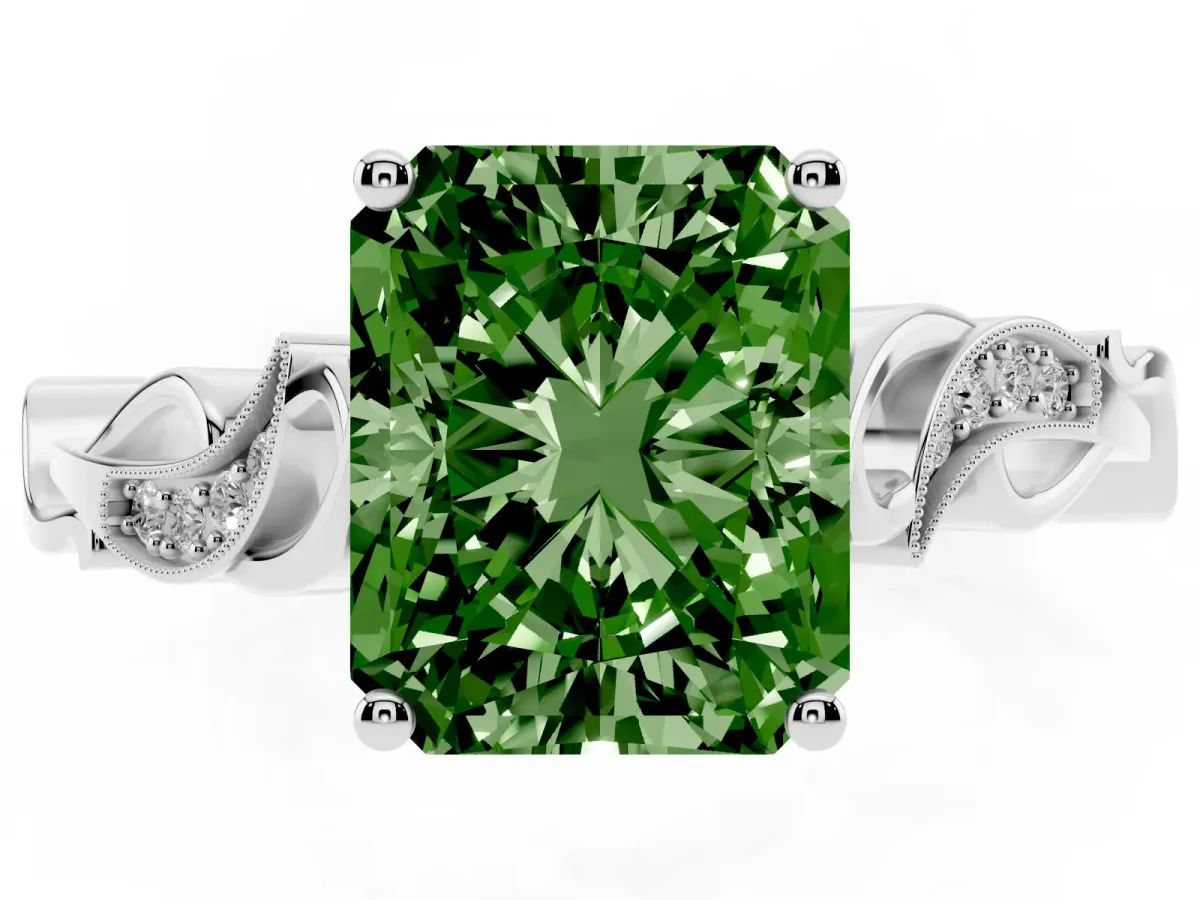 Fancy Green Radiant Cut Solitaire Vine Band with Milgrain Prong Setting Silver