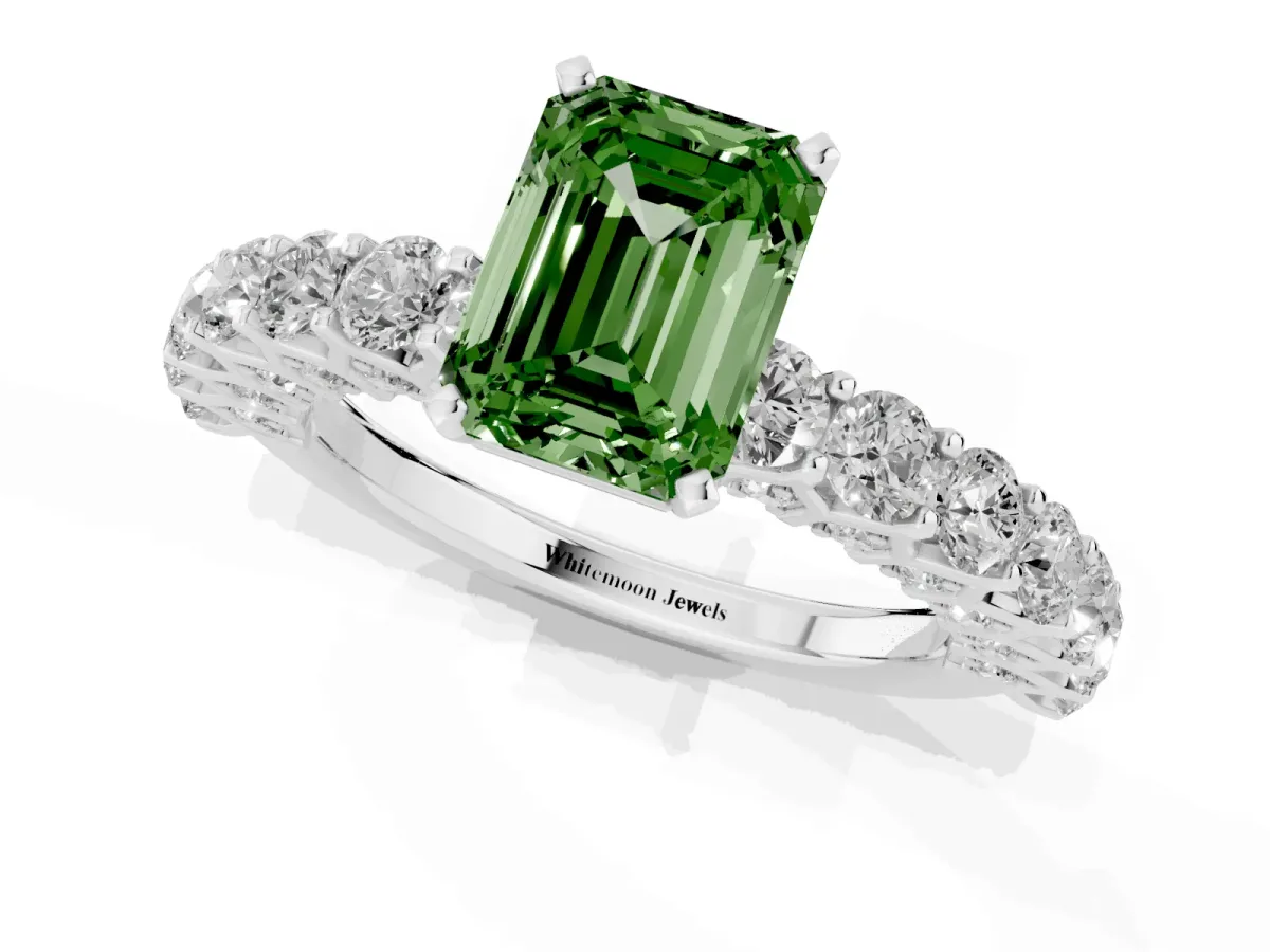 Fancy Green Emerald Cut Diamond Solitaire Ring with Shared Prong Pavé Band and Four-Prong Setting Silver