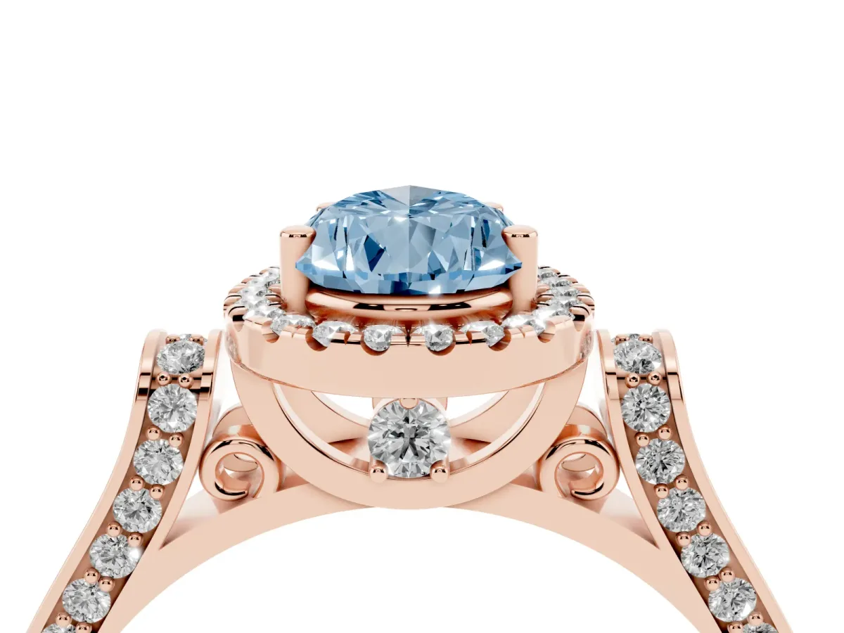 Fancy Blue Pear Cut Halo Pave Split Shank Prong Setting Ring Rose gold