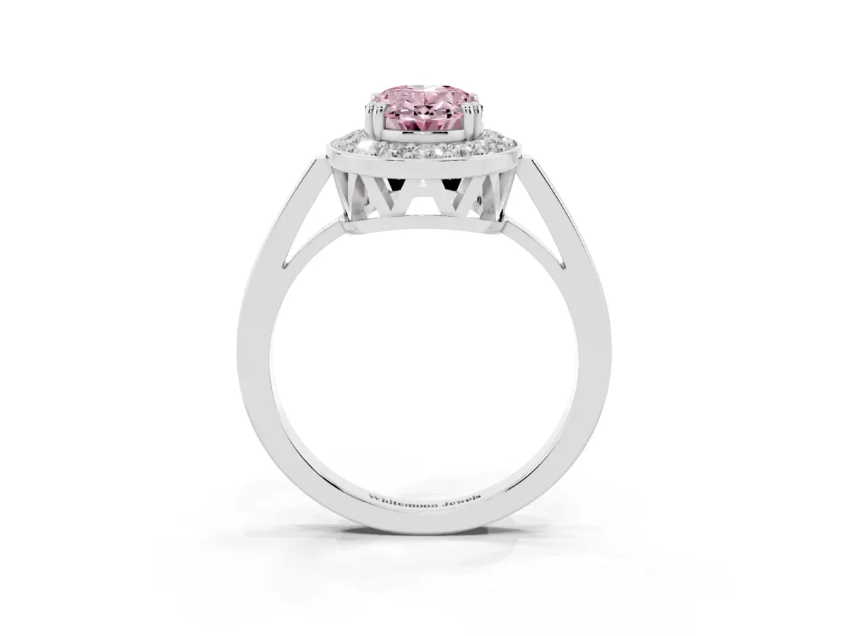 Fancy Pink Oval Cut Diamond Halo Ring with Split Shank and Four-Prong Setting Platinum