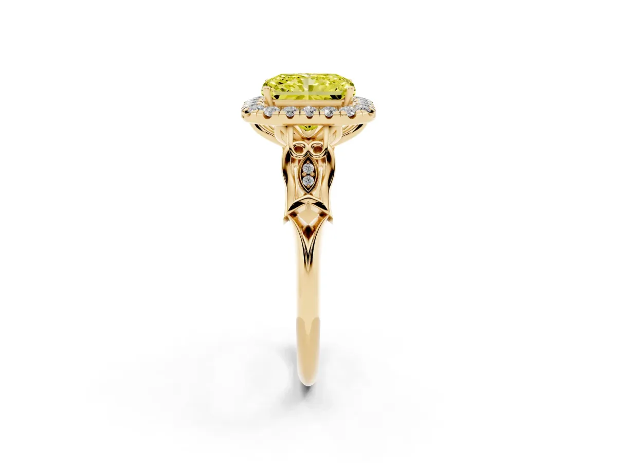 Fancy Yellow Radiant Cut Halo Diamond Engagement Ring with Filigree Band and Four-Prong Setting Yellow gold