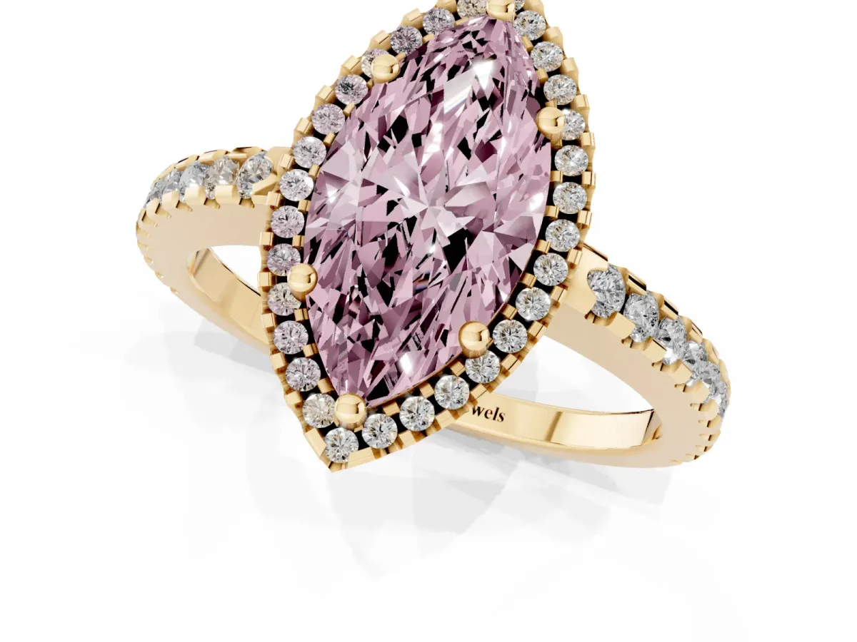 Fancy Pink Marquise Cut Diamond Halo Engagement Ring with Pavé Band and Prong Setting Yellow gold