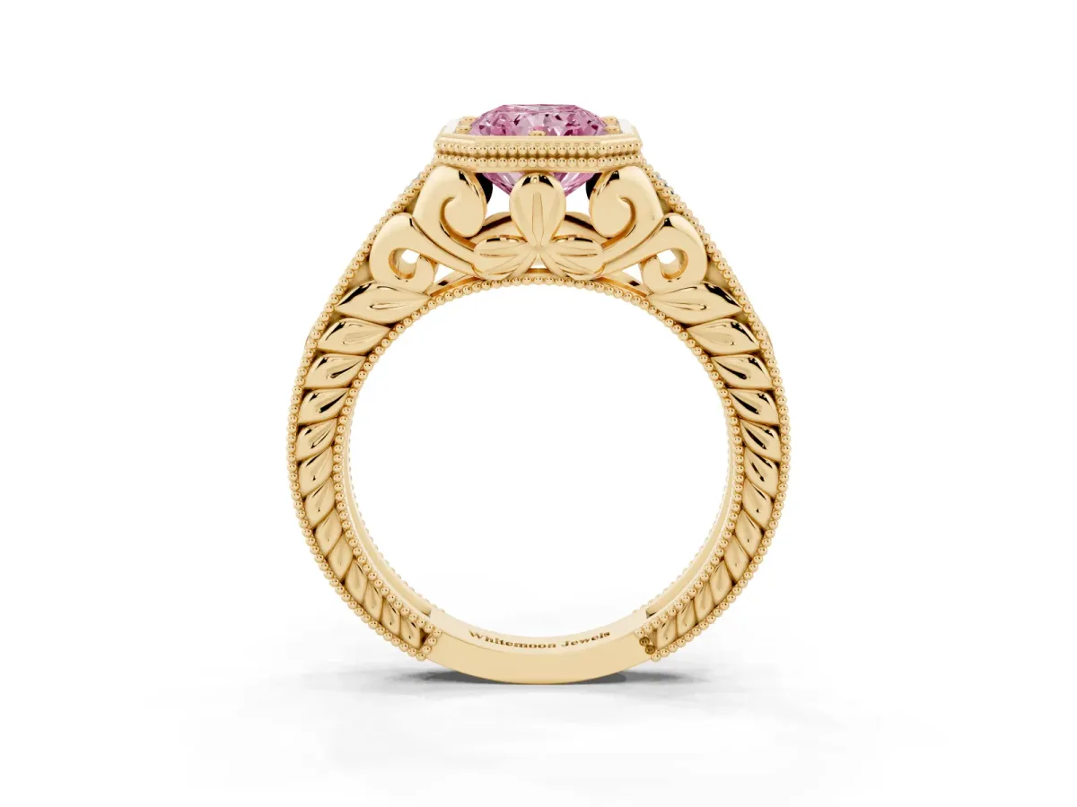 Fancy Pink Bezel Set Radiant Cut Diamond Milgrain Pave Engagement Ring Yellow gold