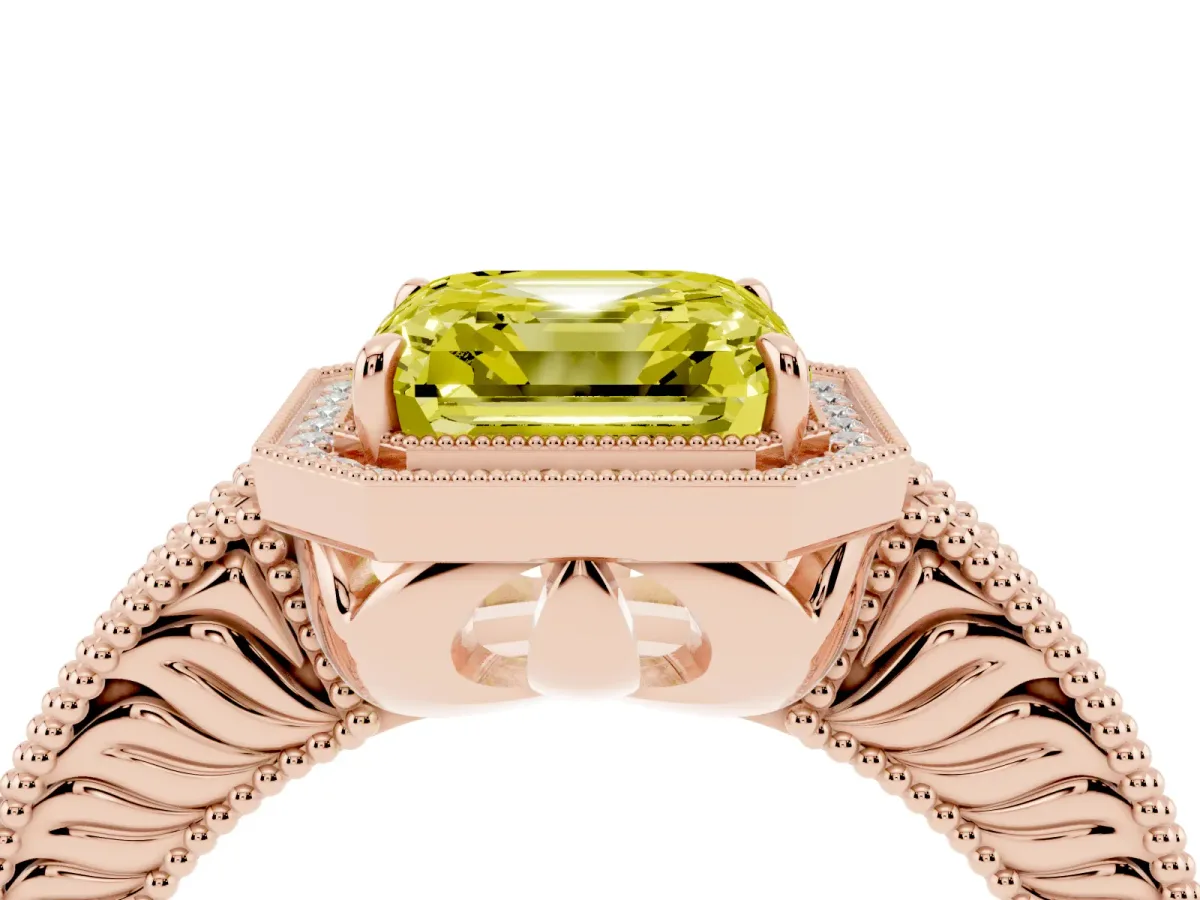 Fancy Yellow Asscher Cut Cut Halo Diamond Ring with Pavé Band and Four-Prong Setting Rose gold