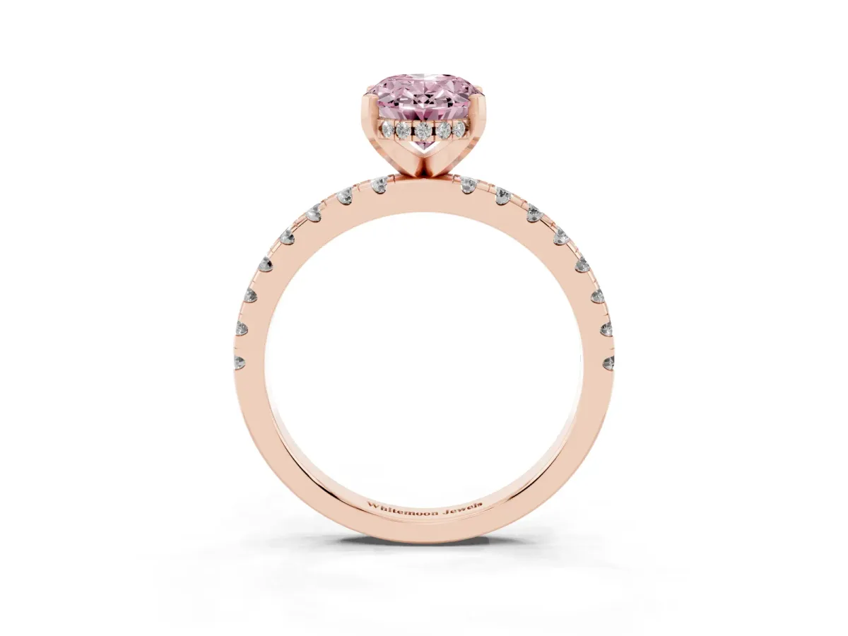 Fancy Pink Oval Cut Diamond Solitaire Ring with Round Pavé Band and Four-Prong Setting Rose gold