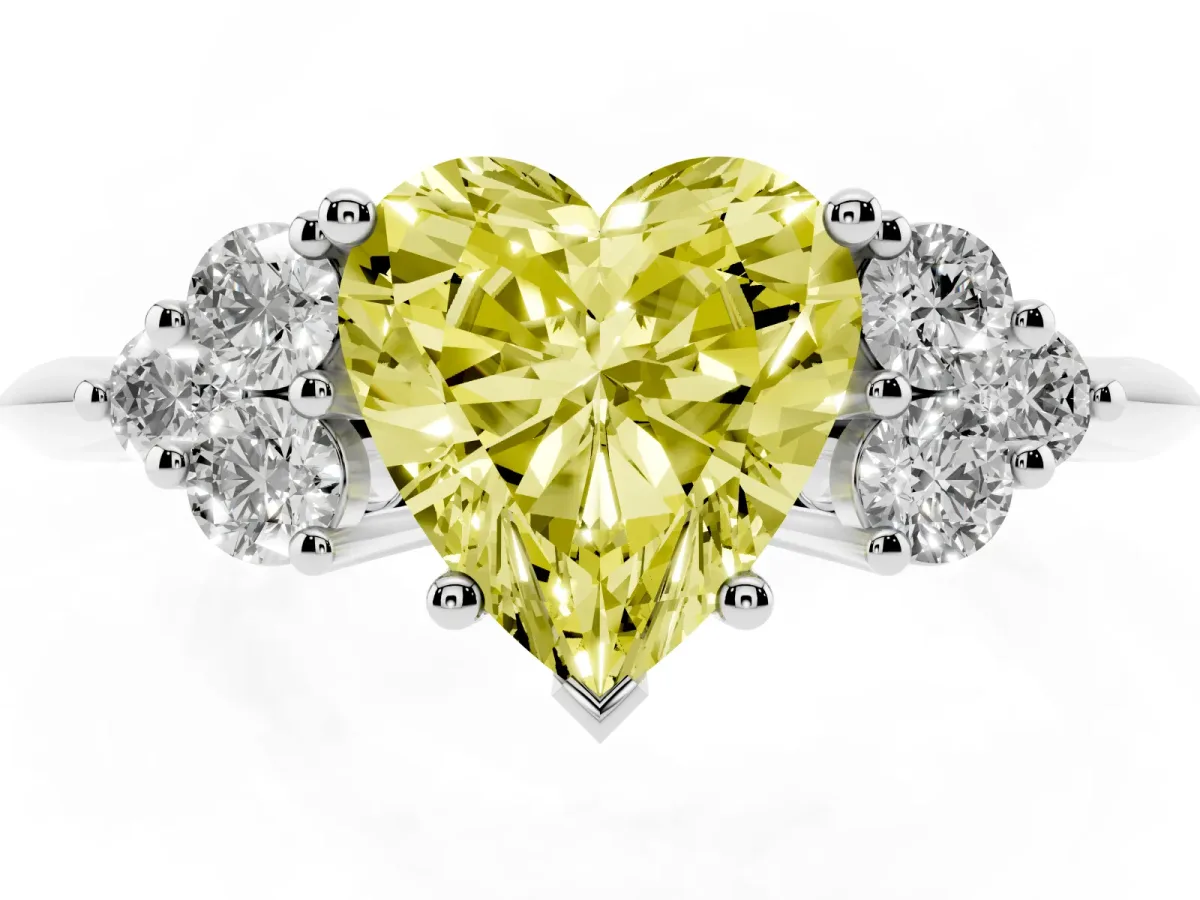 Fancy Yellow Heart Cut Cut Diamond Cluster Ring with Solitaire Band and Four-Prong Setting Platinum