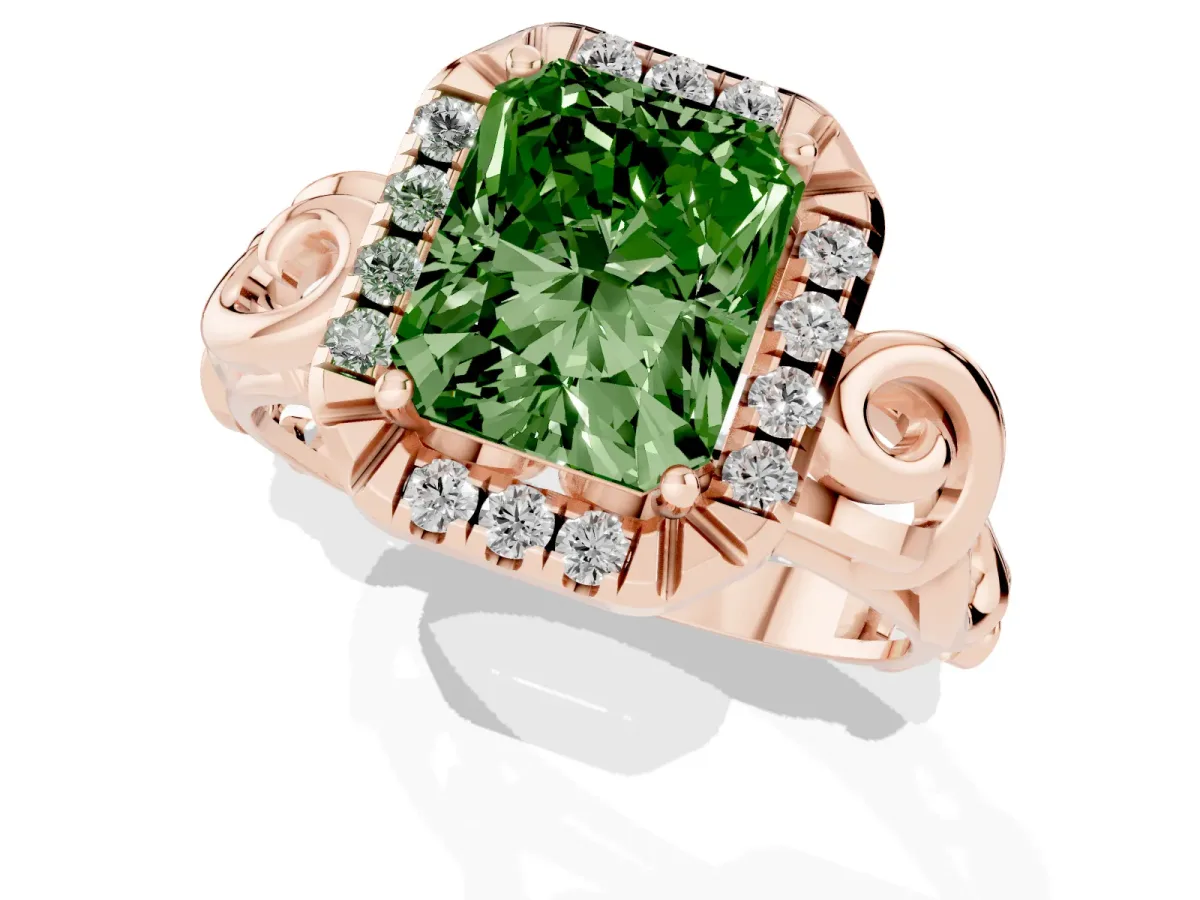 Fancy Green Radiant Cut Cut Halo Diamond Ring with Scrollwork Band and Four-Prong Setting Rose gold