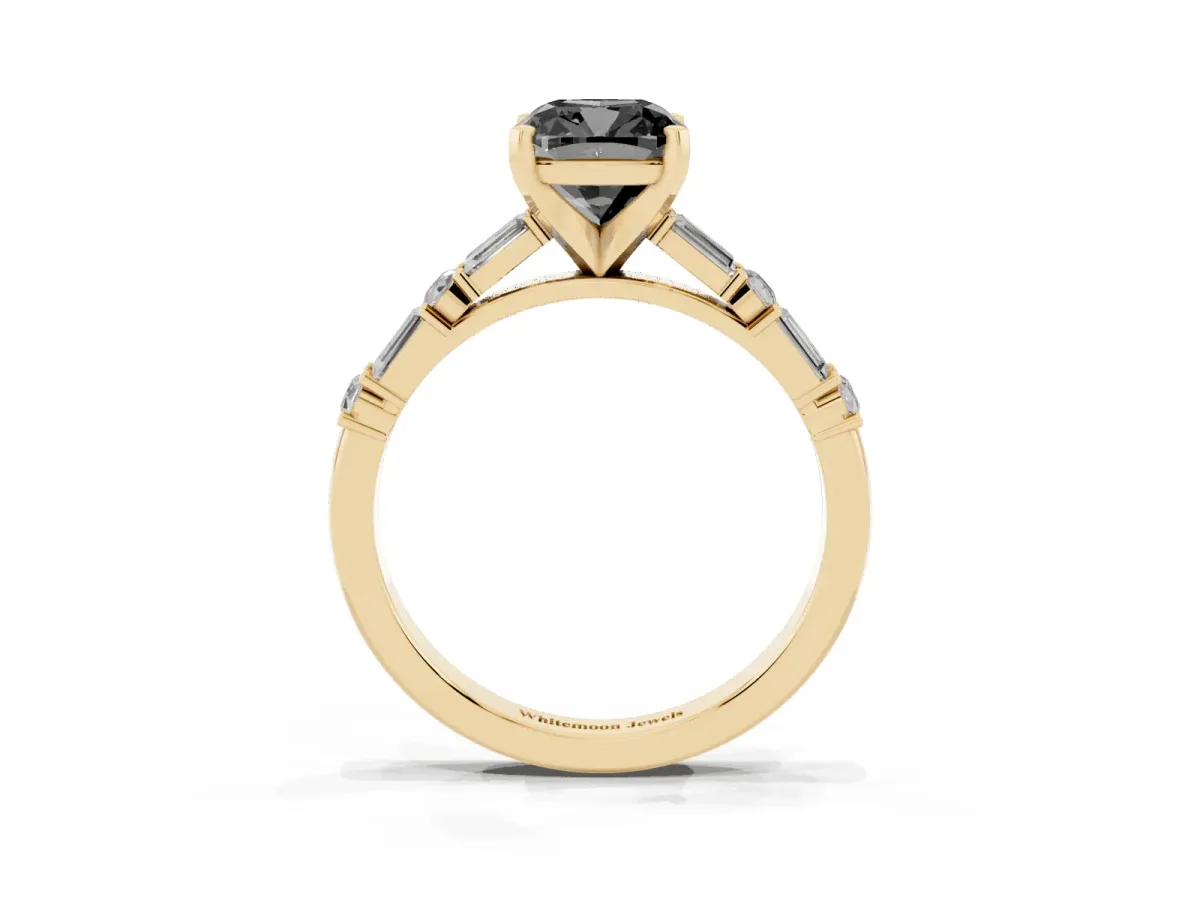 Fancy Black Cushion Cut Diamond Solitaire with Side Baguettes and Channel Set Band Yellow gold