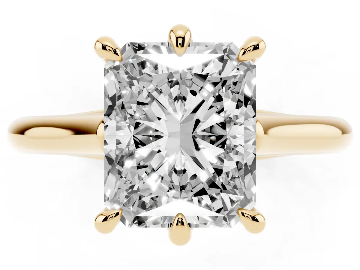 Radiant Cut Solitaire Engagement Ring with Six-Prong Setting and Classic Band Yellow gold