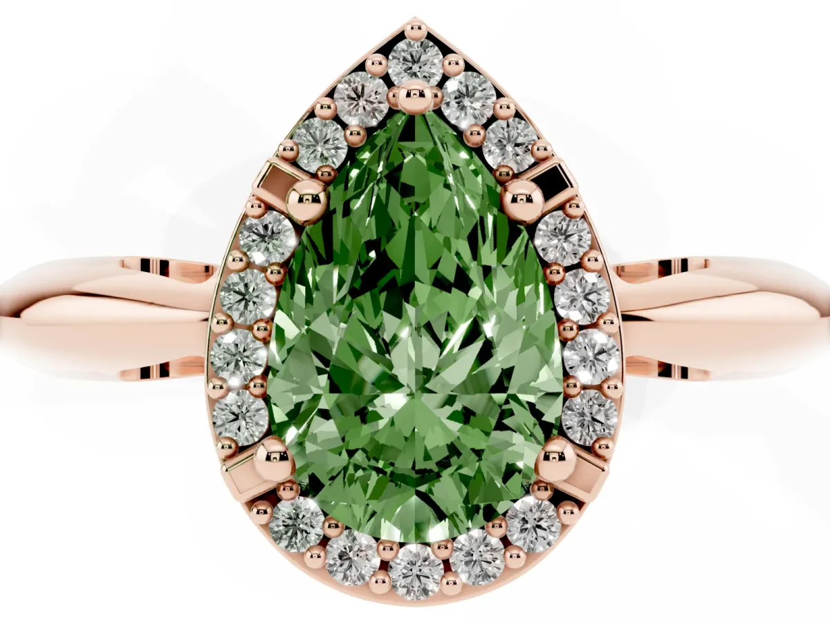Fancy Green Pear Cut Cut Diamond Halo Engagement Ring with Split Shank and Four-Prong Setting Rose gold