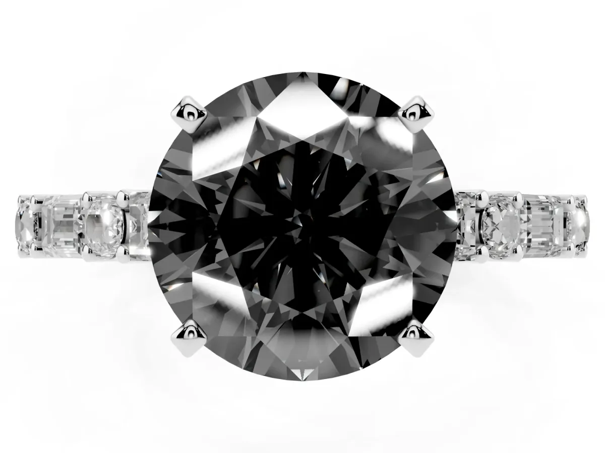 Fancy Black Round Cut Diamond Solitaire with Side Baguettes and Channel Set Band White gold