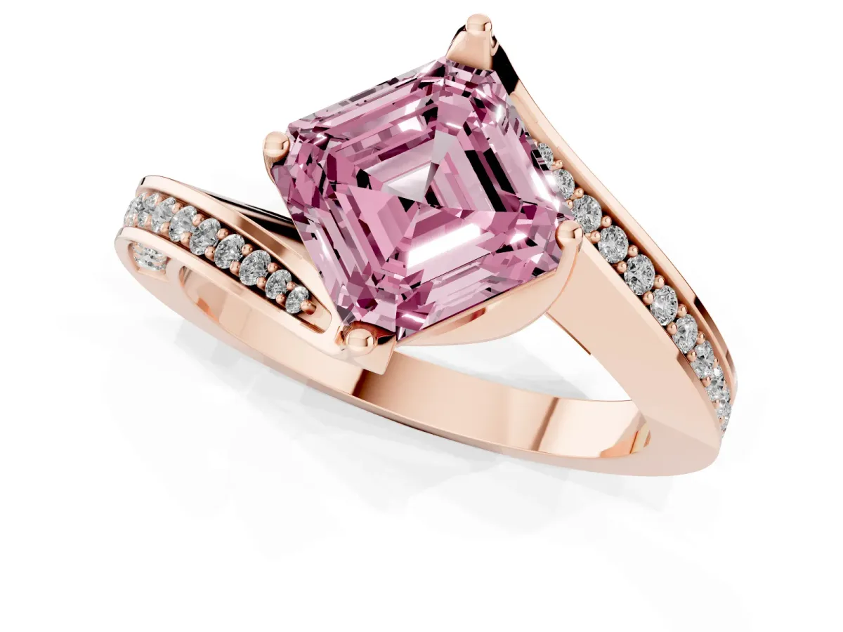 Fancy Pink Asscher Cut Solitaire Diamond Twist Band with Pavé Setting and Four-Prong Setting Rose gold