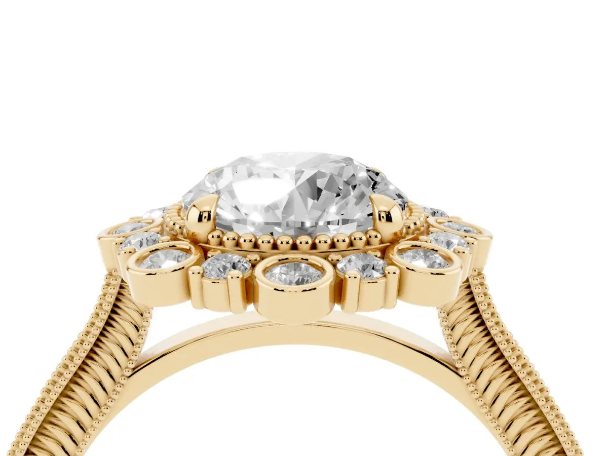 Round Cut Halo Milgrain Pave Diamond Ring with Four-Prong Setting Yellow gold