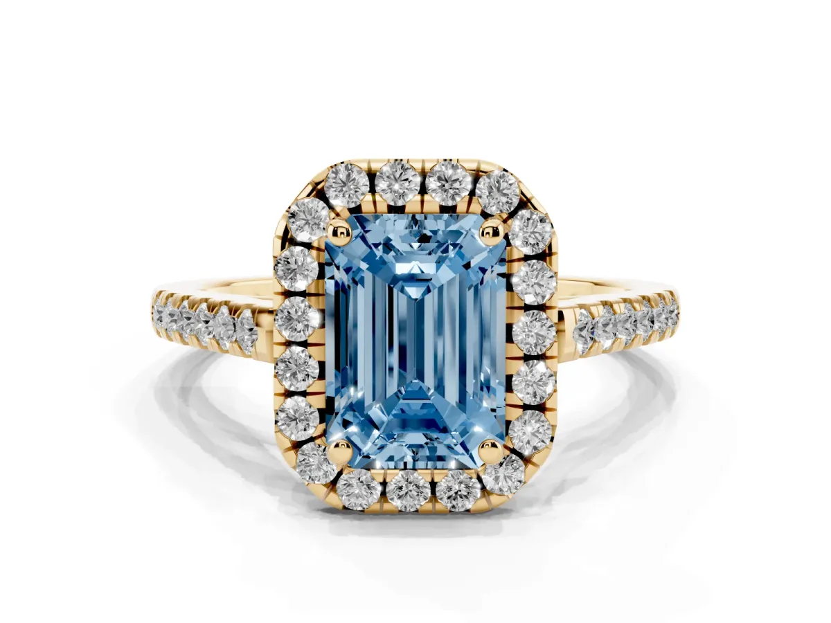 Fancy Blue Emerald Cut Halo Pavé Diamond Engagement Ring with Four-Prong Setting Yellow gold