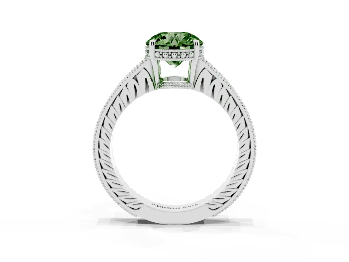 Fancy Green Round Cut Solitaire Pavé Diamond Milgrain Engagement Ring with Four-Prong Setting Silver