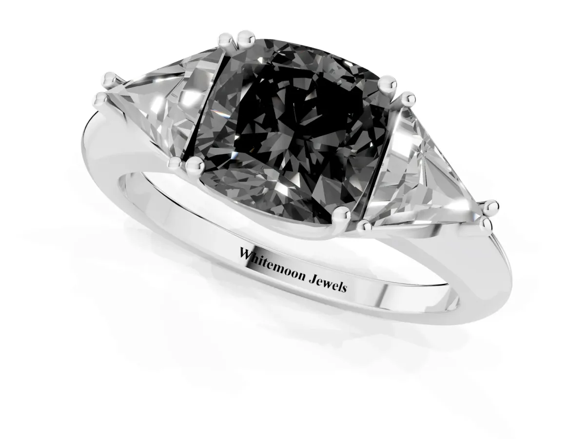 Fancy Black Three-Stone Cushion Cut Diamond Engagement Ring with Trillion Side Stones and Prong Setting Silver