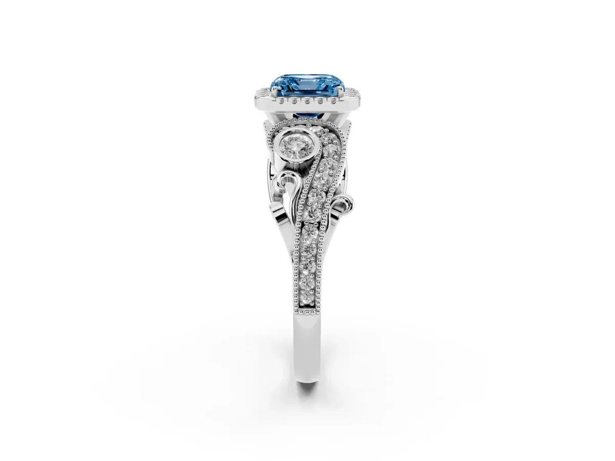 Fancy Blue Asscher Cut Halo Diamond Ring with Milgrain and Bezel Accents on a Split Shank Band Platinum