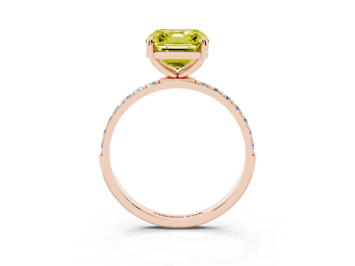 Fancy Yellow Asscher Cut Diamond Solitaire Ring with Round Pavé Band and Prong Setting Rose gold
