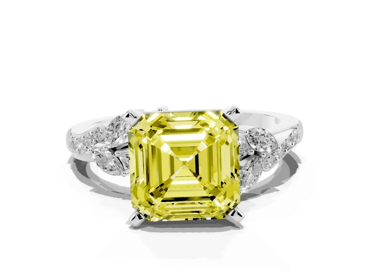 Fancy Yellow Asscher Cut Solitaire Marquise Twist Band with Six-Prong Setting Silver