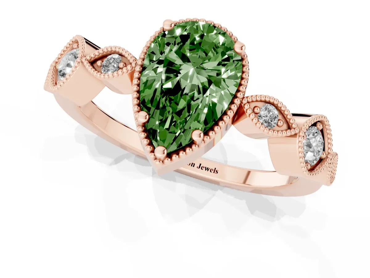 Fancy Green Pear Cut Diamond Vintage Milgrain Ring with Round Stations Rose gold