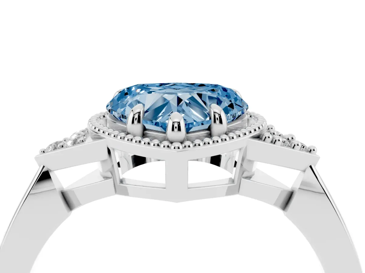 Fancy Blue Milgrain Heart Cut Cut Diamond Ring with Tapered Pave Band and Four Prong Setting Platinum