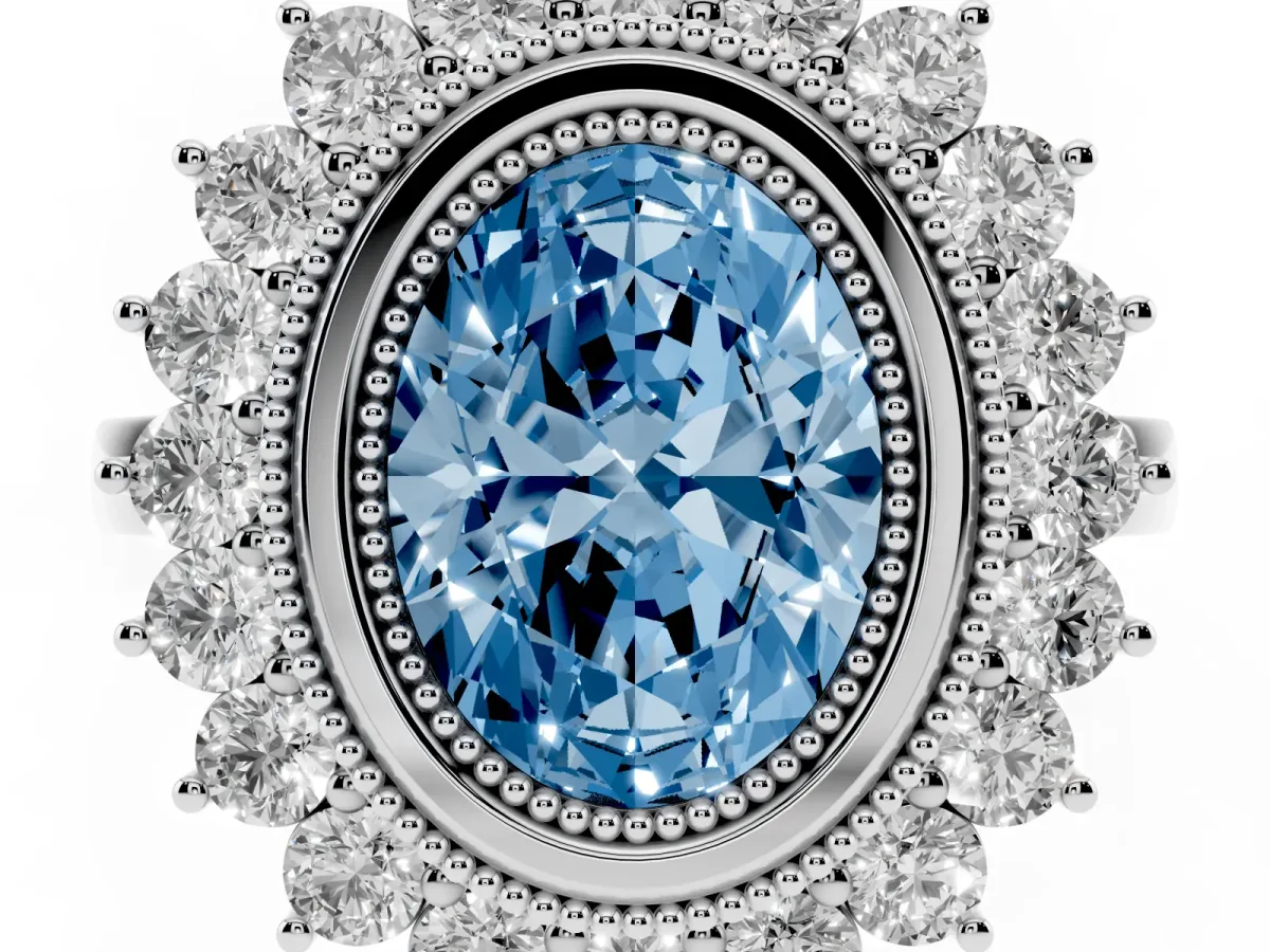 Fancy Blue Oval Cut Halo Diamond Ring with Milgrain Edge and Round Prong Setting Silver