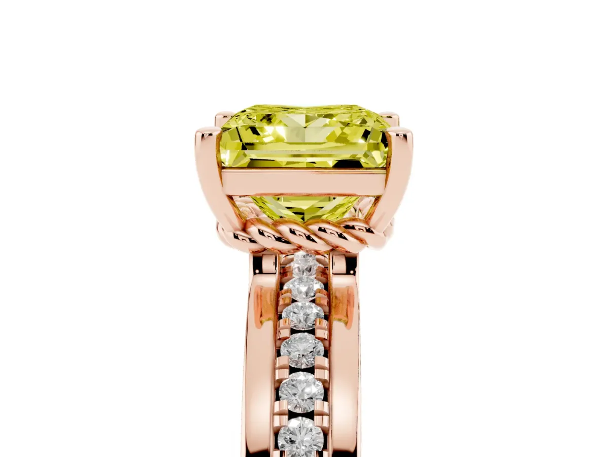 Fancy Yellow Princess Cut Solitaire Diamond Ring with Channel Set Band and Six-Prong Setting Rose gold