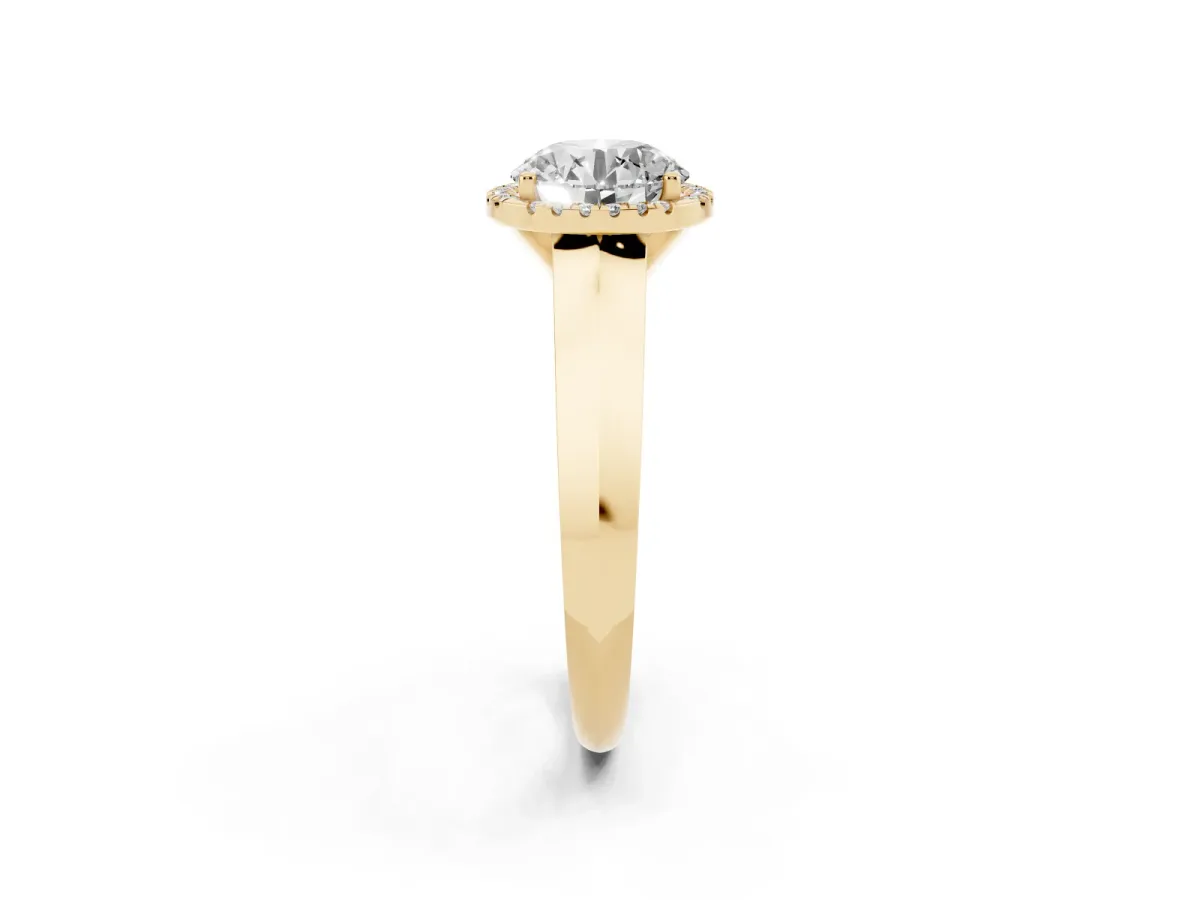 Round Cut Halo Diamond Ring with Cathedral Band and Four-Prong Setting Yellow gold