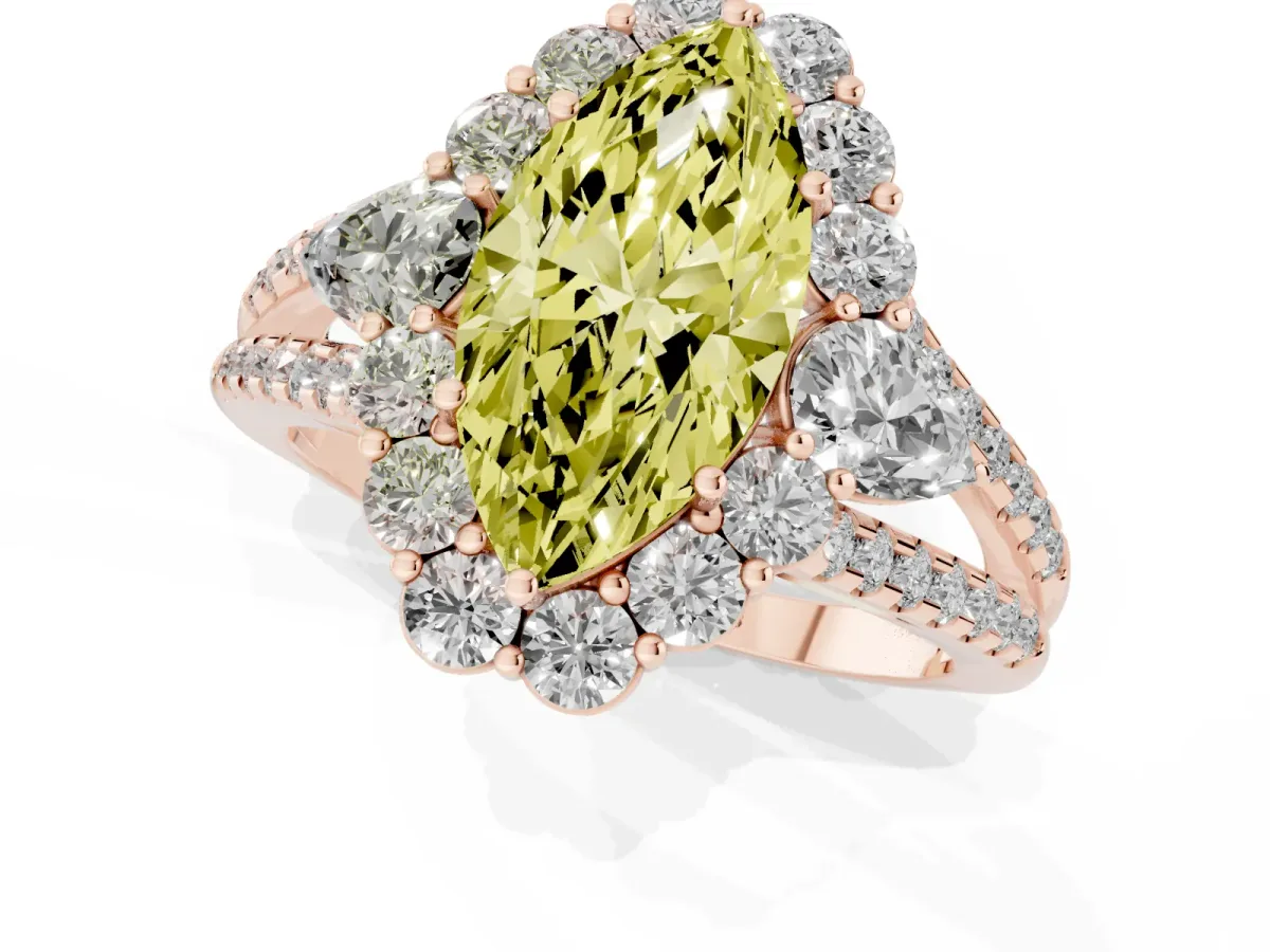 Fancy Yellow Marquise Cut Halo Split Shank Diamond Engagement Ring with Prong Setting Rose gold