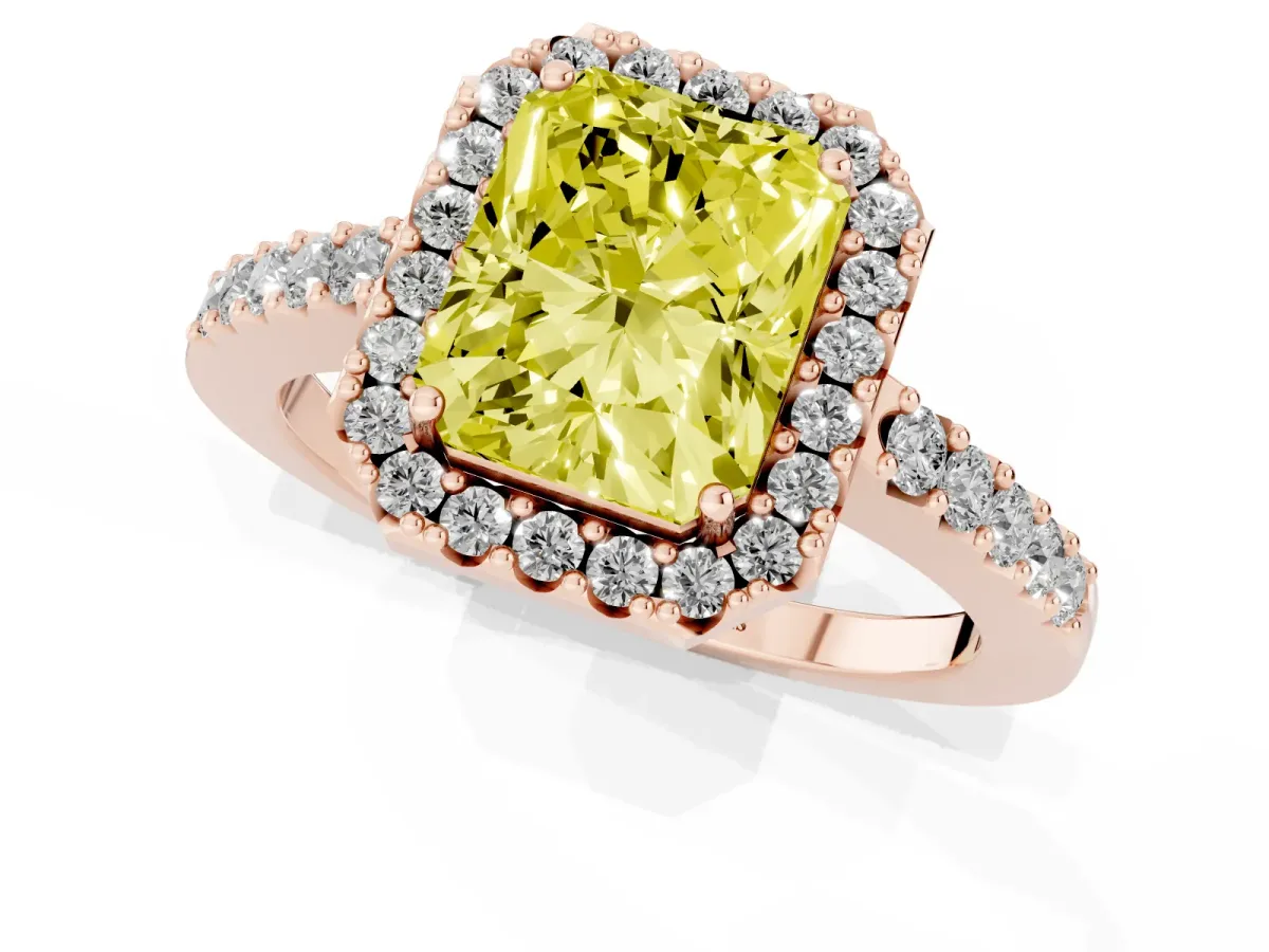 Fancy Yellow Radiant Cut Halo Diamond Pavé Solitaire Ring Rose gold