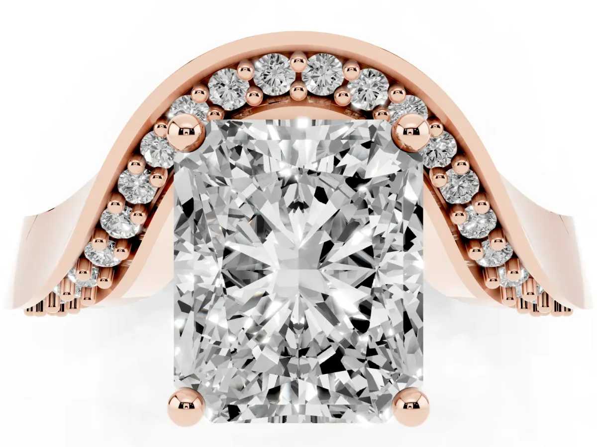 Radiant Cut Solitaire Diamond Engagement Ring with Pave Band and Four-Prong Setting Rose gold
