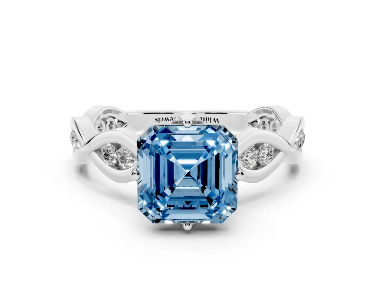 Fancy Blue Asscher Cut Solitaire Twist Band with Leaf Prong Setting Platinum