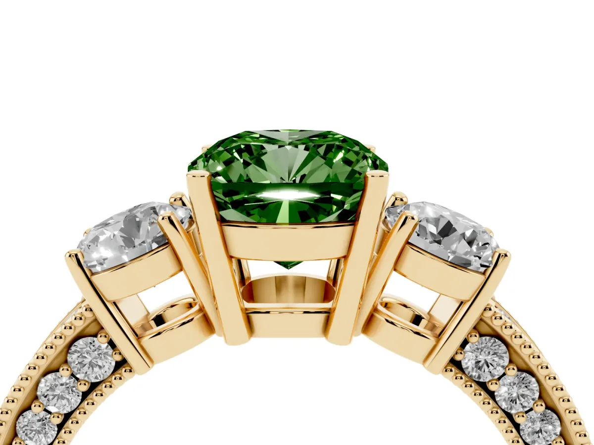 Fancy Green Cushion Cut Three-Stone Diamond Ring with Pavé Band and Four-Prong Setting Yellow gold