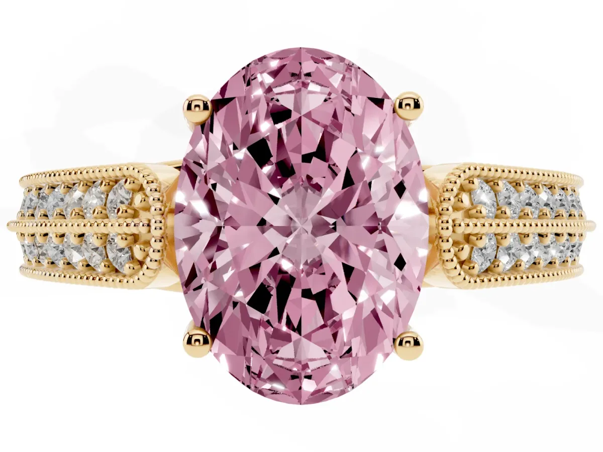 Fancy Pink Oval Cut Cut Pave Split Shank Engagement Ring with Four-Prong Setting Yellow gold