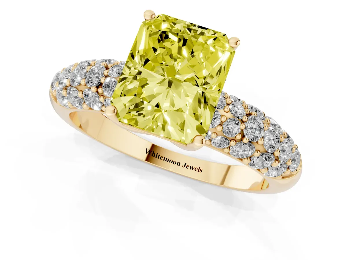Fancy Yellow Radiant Cut Diamond Pavé Band Solitaire Ring with Four-Prong Setting Yellow gold