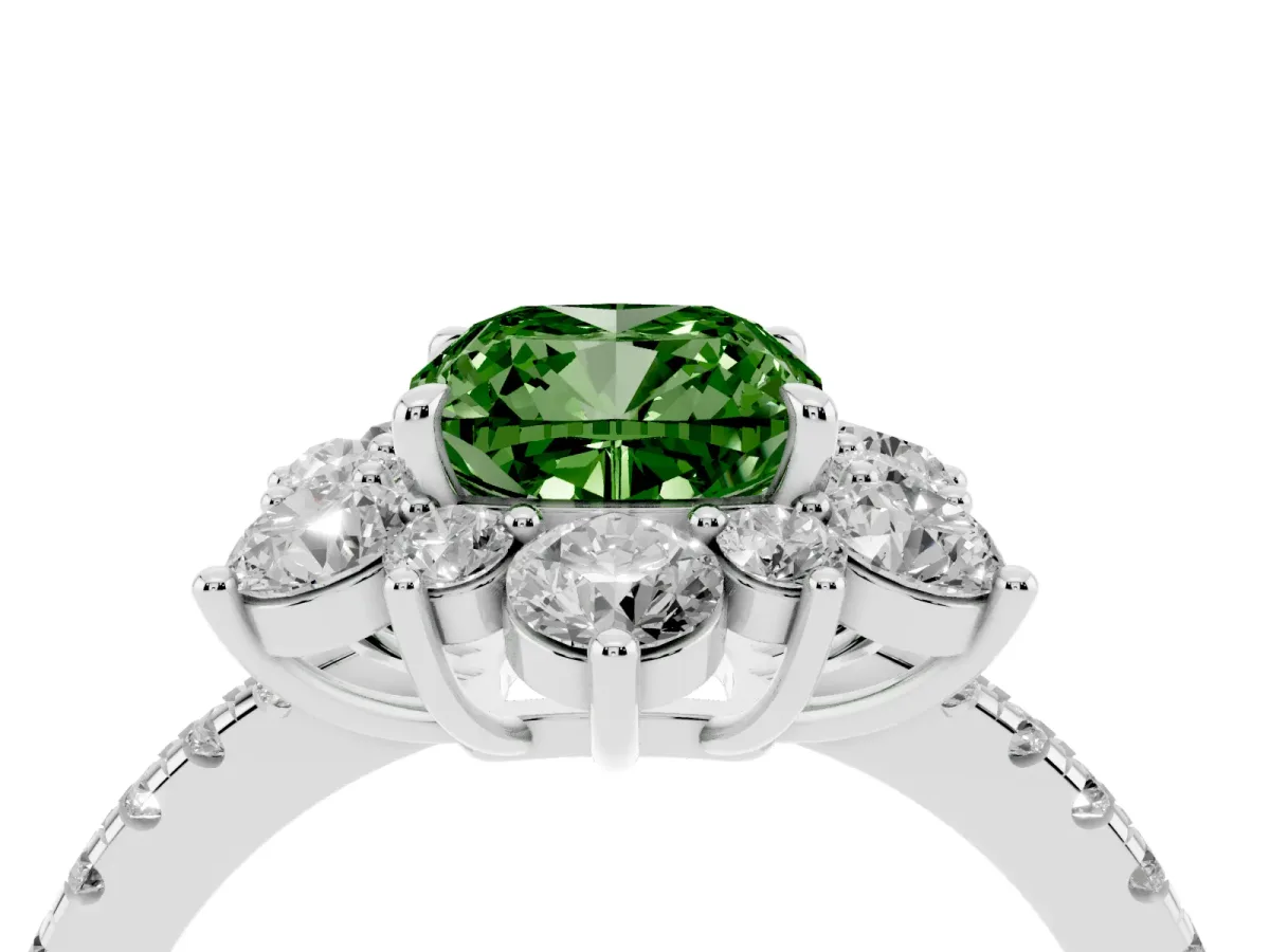 Fancy Green Cushion Cut Diamond Floral Halo Ring with Round Pavé Band and Prong Setting Silver