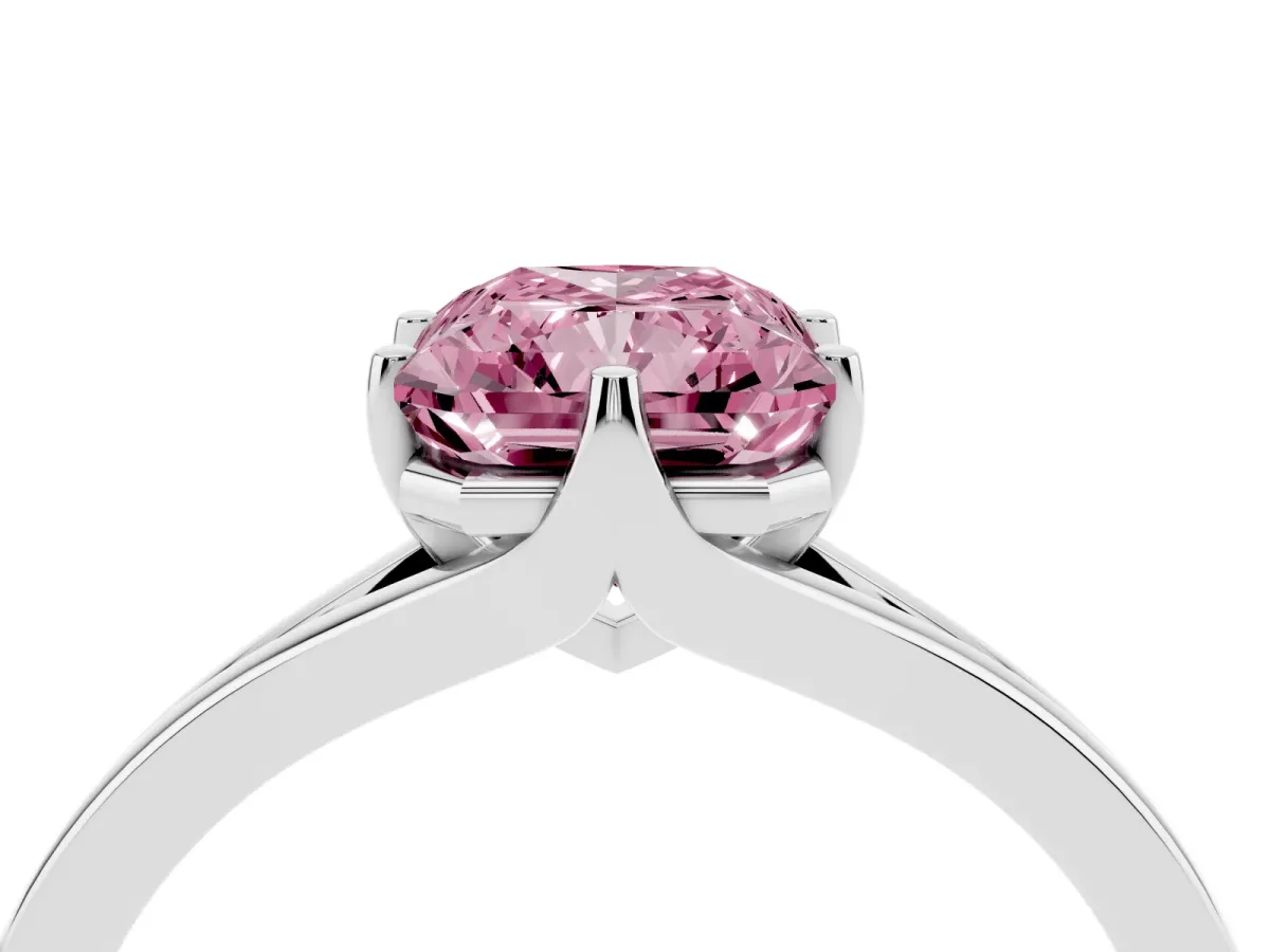 Fancy Pink Radiant Cut Solitaire Diamond Ring with Six-Prong Setting and Tapered Band Platinum