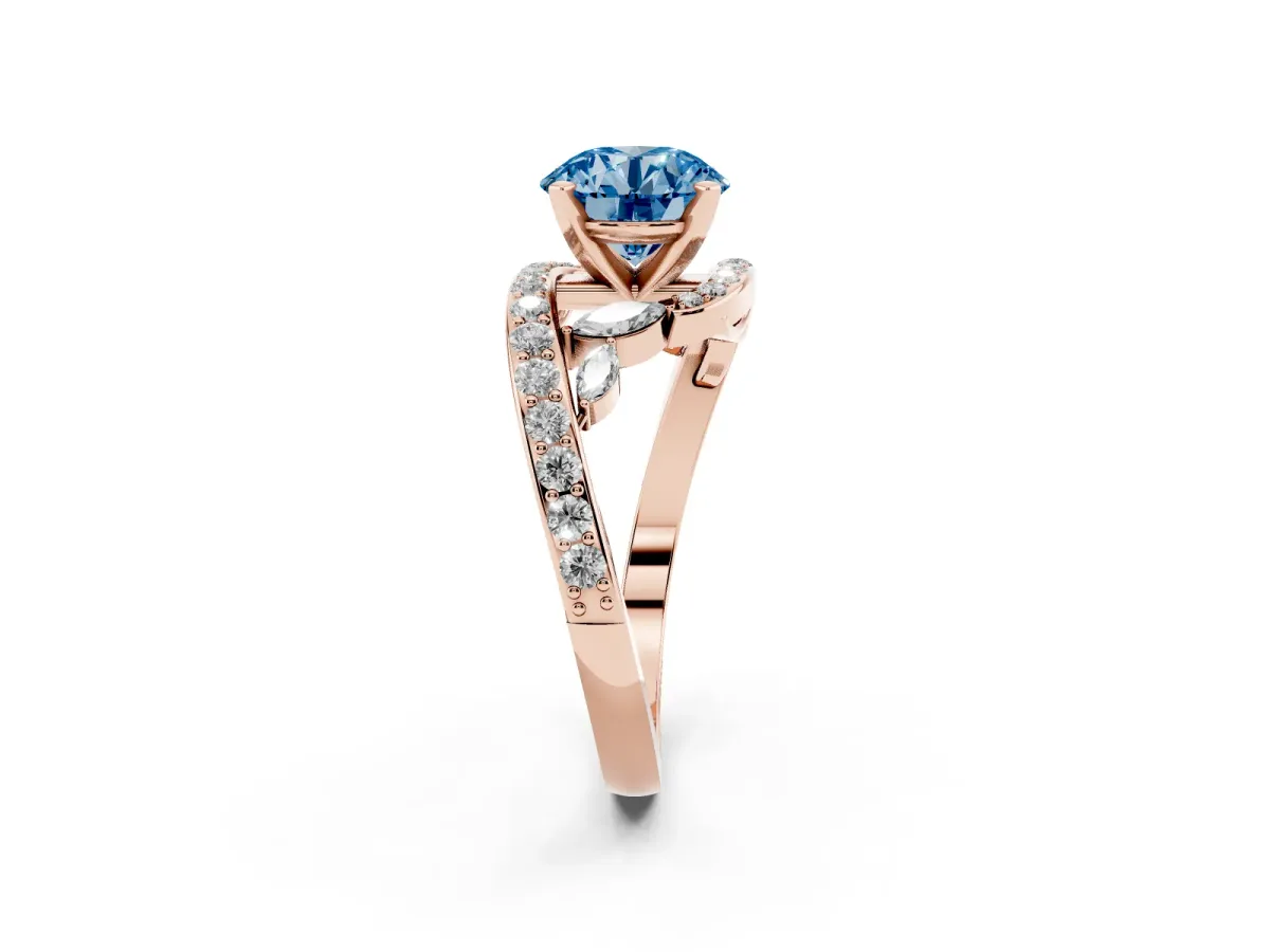 Fancy Blue Round Cut Solitaire with Pavé Twist Band and Four-Prong Setting Rose gold