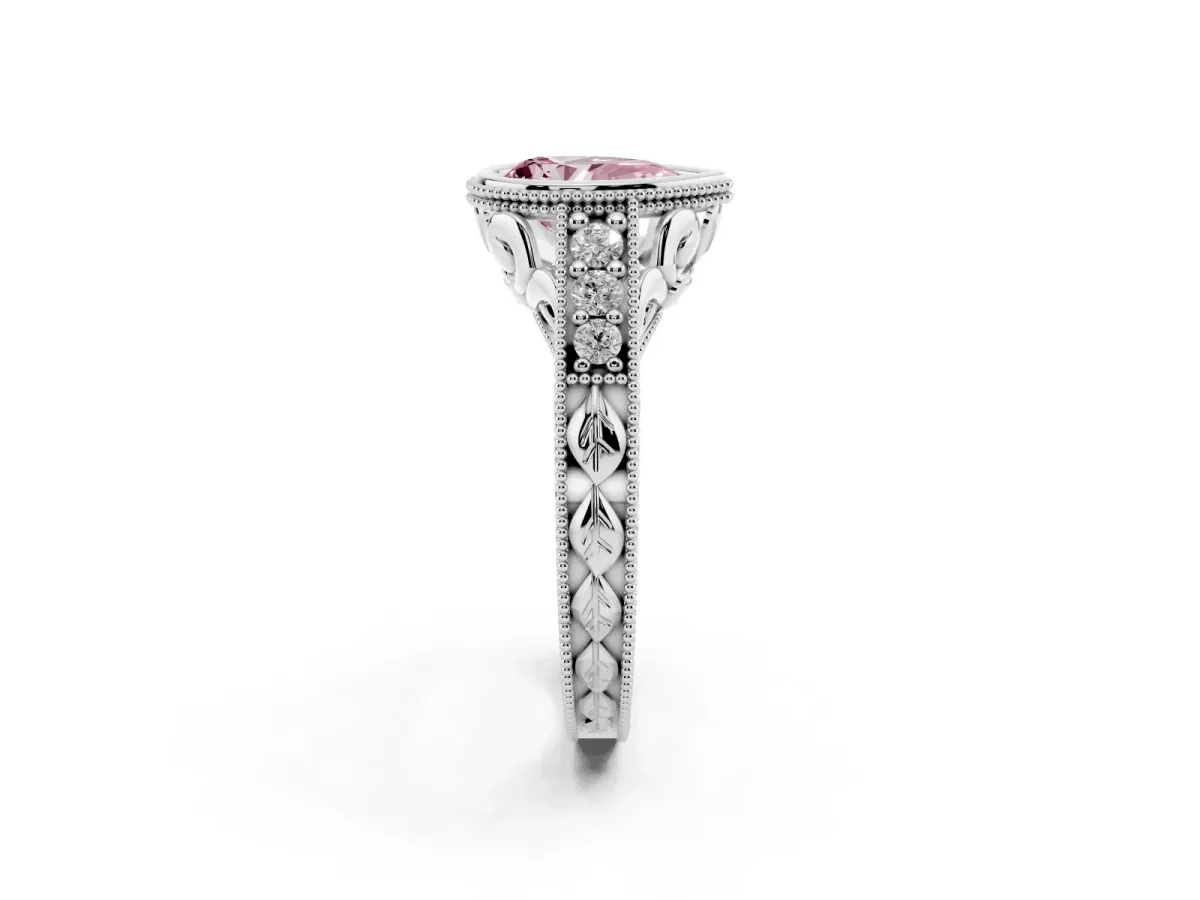 Fancy Pink Bezel Set Pear Cut Diamond Milgrain Pave Engagement Ring Platinum