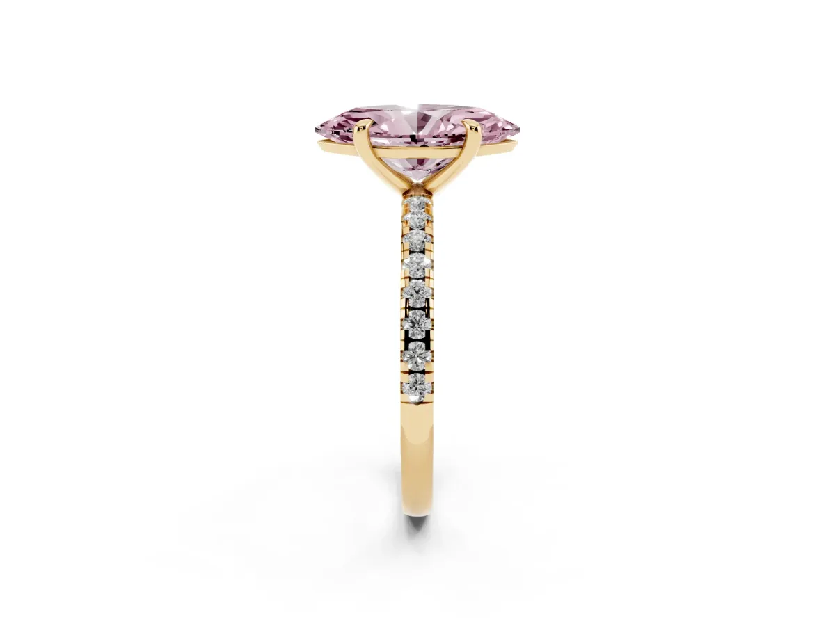 Fancy Pink Marquise Cut Diamond Brilliant Solitaire Ring with Pavé Band and Four-Prong Setting Yellow gold