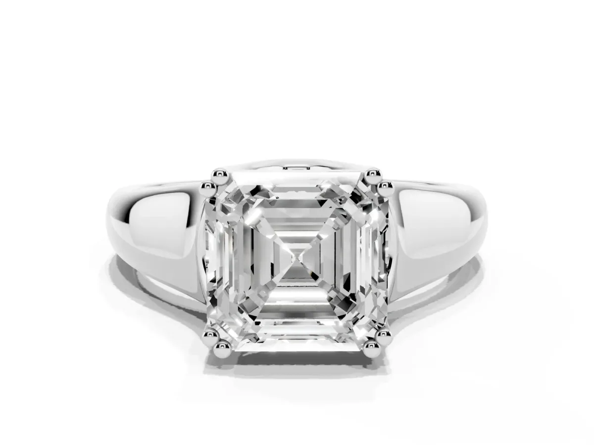 Asscher Cut Diamond Solitaire Ring with Wide Band and Prong Setting Silver