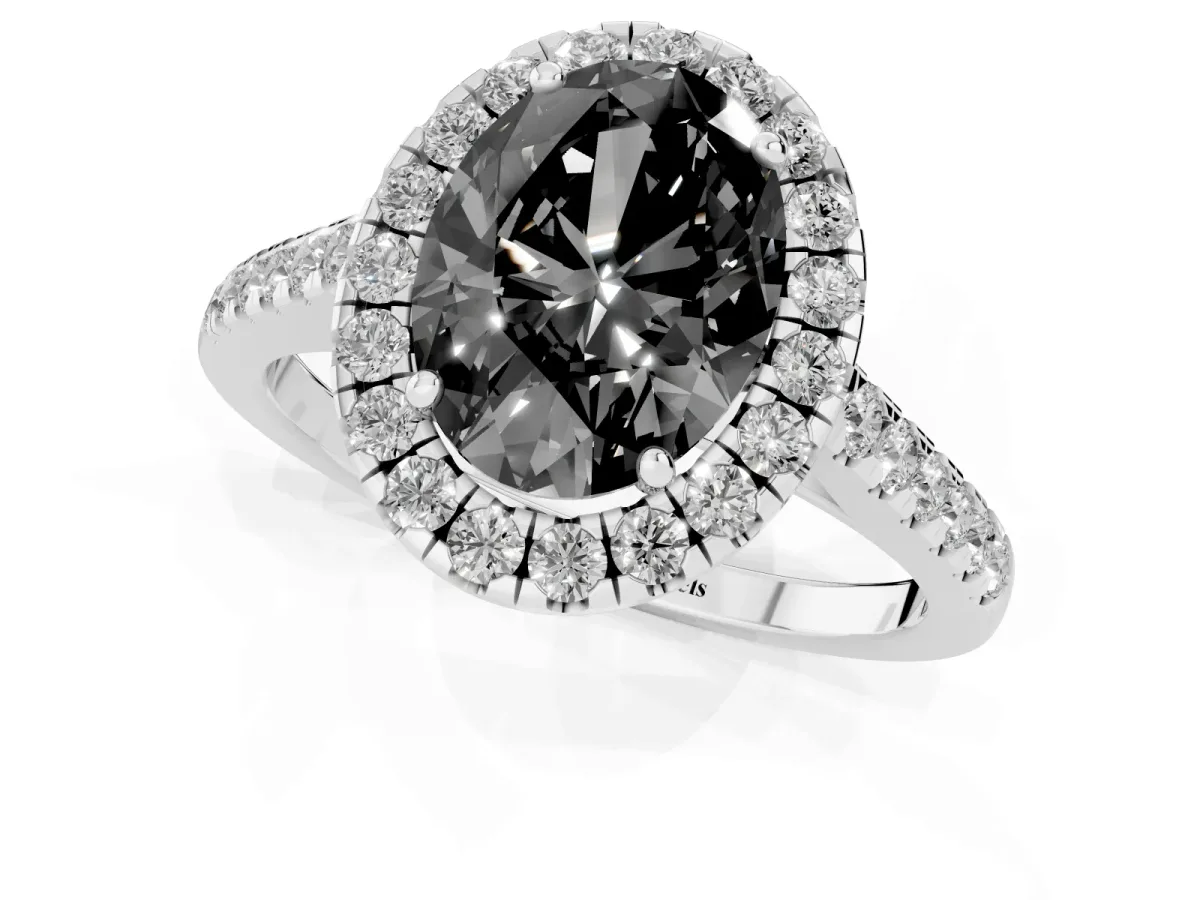 Fancy Black Oval Cut Halo Pave Diamond Engagement Ring with Four-Prong Setting Silver