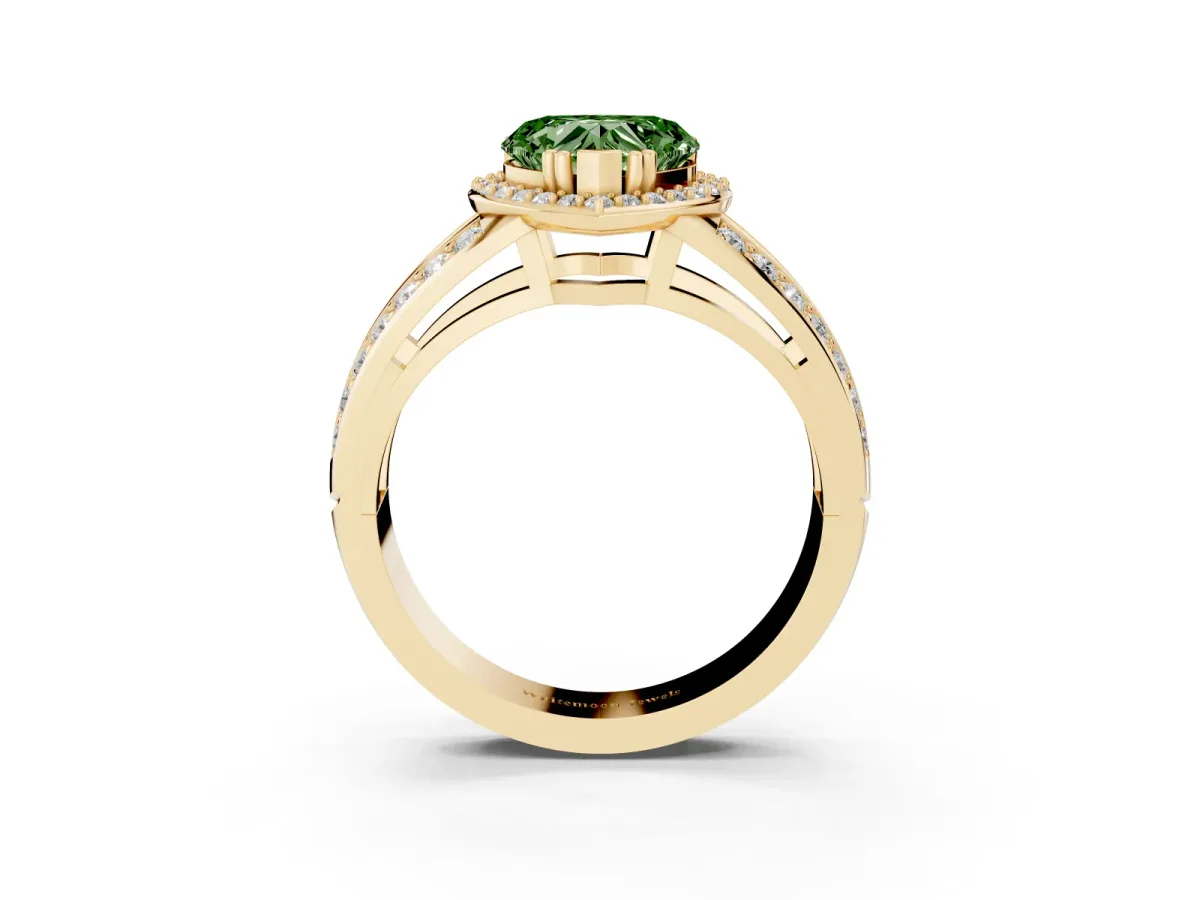 Fancy Green Heart Cut Diamond Halo Ring with Split Shank Pavé Band and Four-Prong Setting Yellow gold