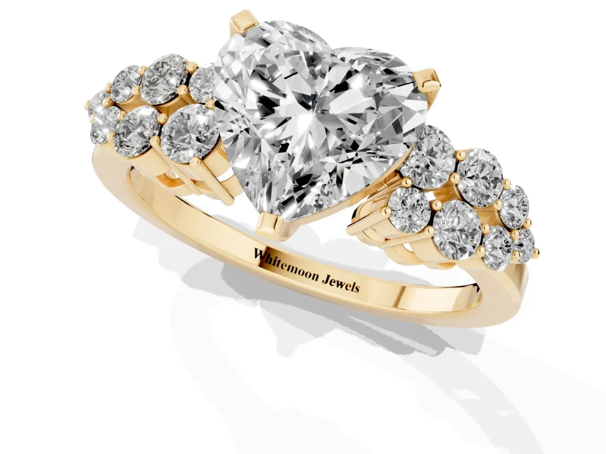 Heart Cut Cluster Diamond Engagement Ring with Pavé Band and Four-Prong Setting Yellow gold