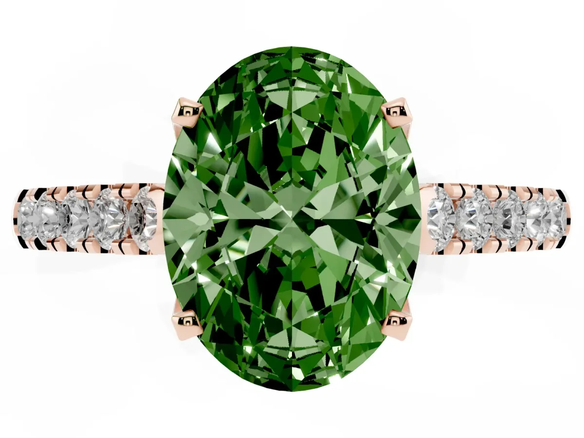 Fancy Green Oval Cut Diamond Pavé Band Solitaire Ring with Prong Setting Rose gold